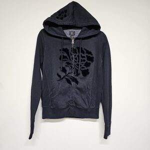 Lucky Brand Y2K Black Hoodie Velvet Applique Flower NEW Size Large